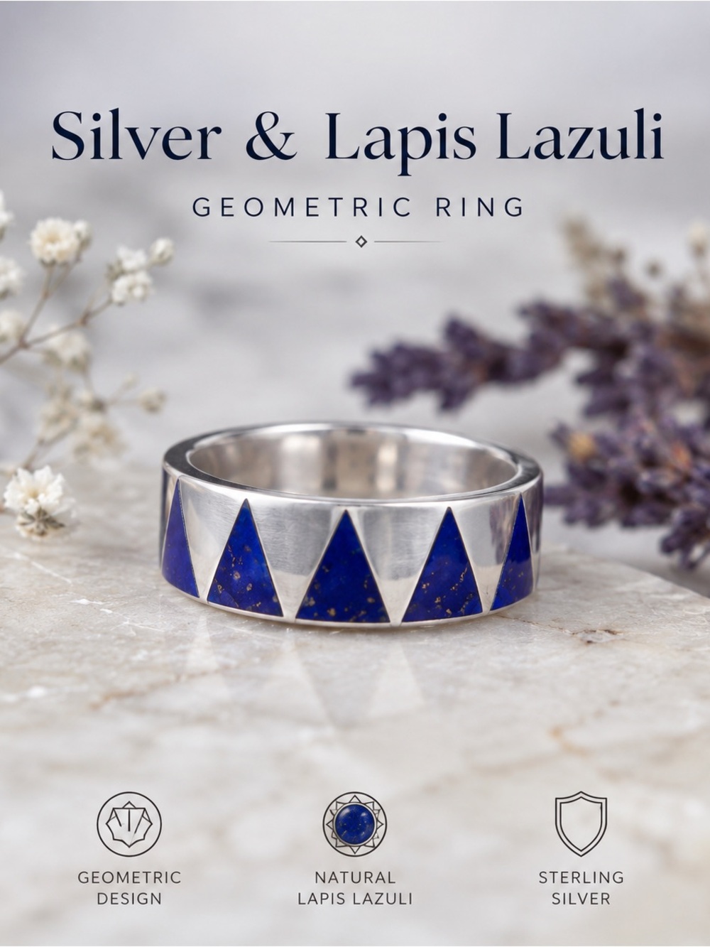 Silver and Lapis Lazuli Geometric Ring